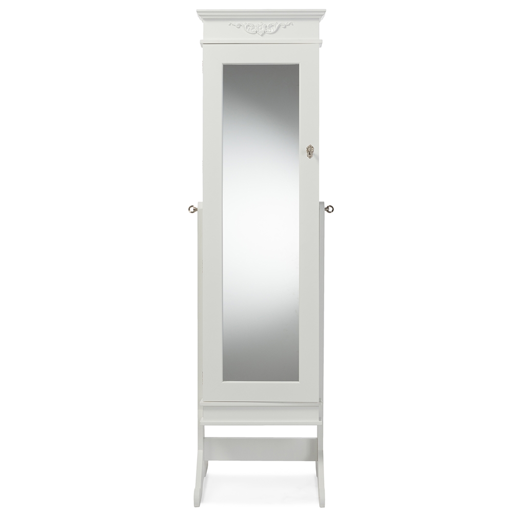 Baxton Studio Bimini White Finish Wood Crown Moulding Top Free Standing Full Length Cheval Mirror Jewelry Armoire