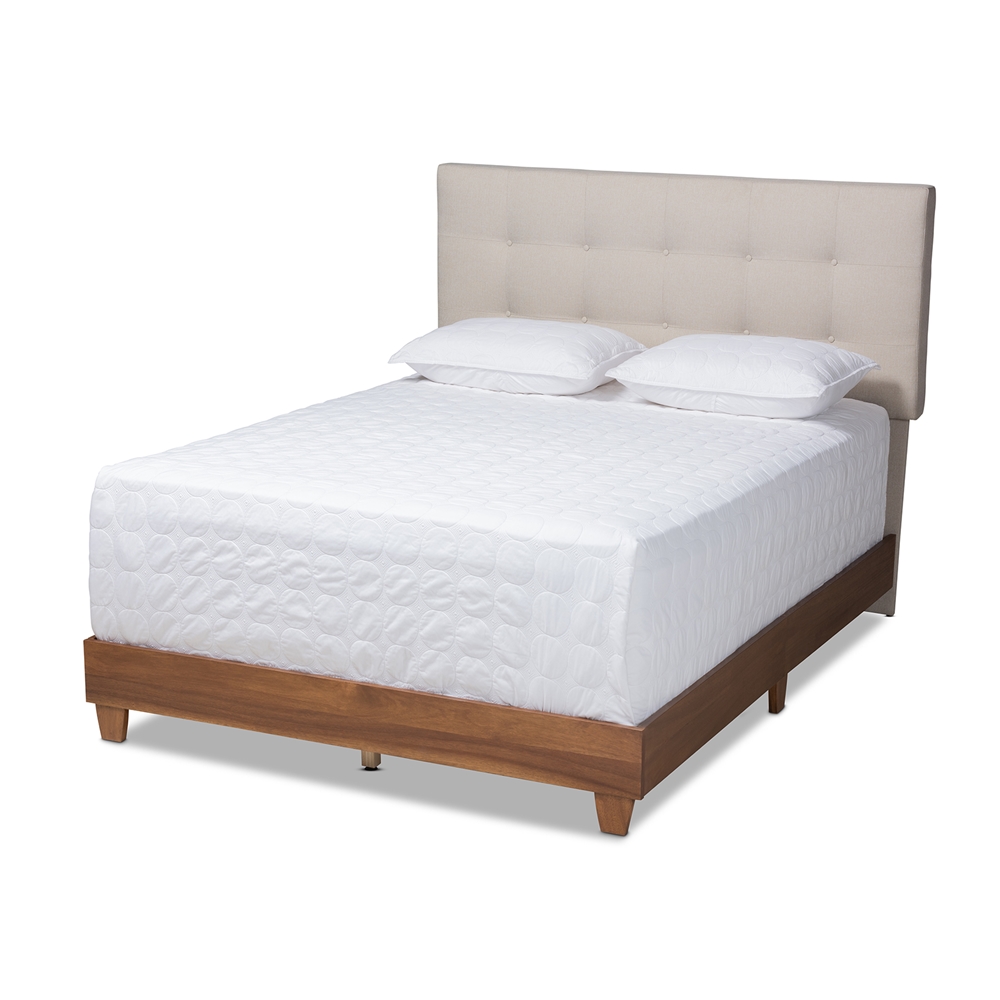 Baxton Studio Taida Mid-Century Modern Light Beige Fabric Upholstered Walnut Finished Wood Queen Size Bed
