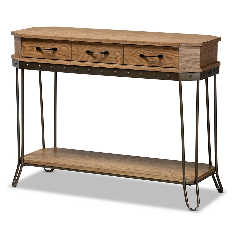 Baxton Studio Kellyn Vintage Rustic Industrial Oak Brown Finished Wood and Black Finished Metal 3-Drawer Console Table�
